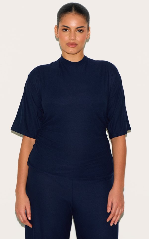 d1e796d91f9aaaf5f51eafffd0845e059327ad59_CNM2626_1_plus_navy_soft_touch_ruched_oversized_short_sleeve_t_shirt