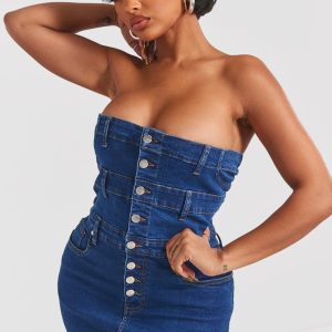 Shape Dark Blue Denim Button Front Bandeau Dress