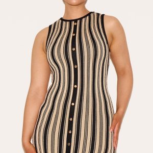 Shape Black Knitted Striped Button Front Mini Dress
