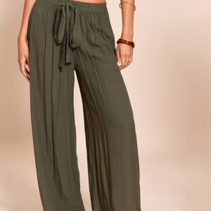 Khaki Linen Look Textured Woven Palazzo Beach Trousers