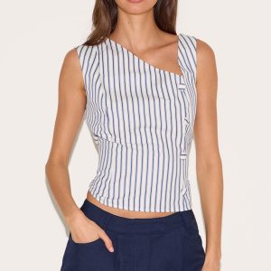 Blue Striped Asymmetric Fitted Waistcoat