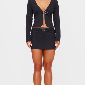 Black Tailored Woven Buckle Detail Low Rise Mini Skirt