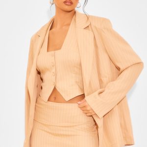 Taupe Woven Pinstripe Oversized Dad Blazer