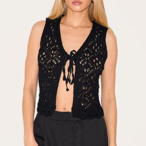 Black Tie Front Crochet Knit Waistcoat