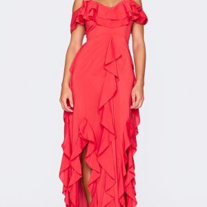 Red Cold Shoulder Ruffle Detail Maxi Dress