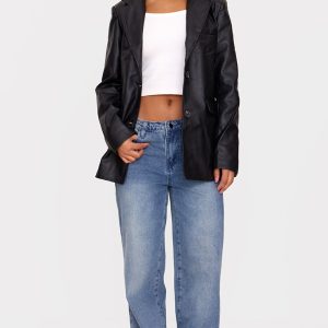 Washed Black Textured Faux Leather Blazer