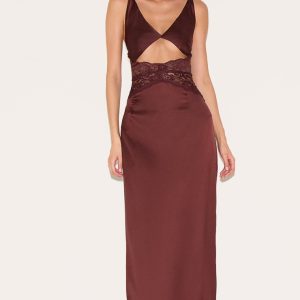 Chocolate Satin Lace Insert Maxi Dress