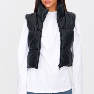 Black Faux Leather Drop Hem Gilet
