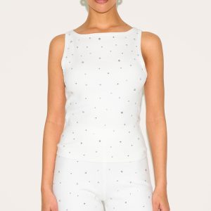 Petite White Knitted Diamante Boatneck Long Top