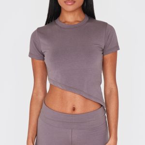 Charcoal Short Sleeve Asymmetrical Crop Top