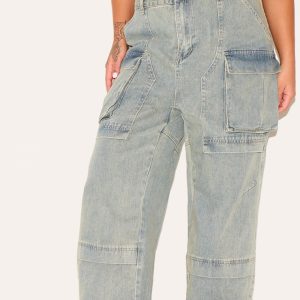 Plus Vintage Wash Cargo Wide Leg Denim Jeans