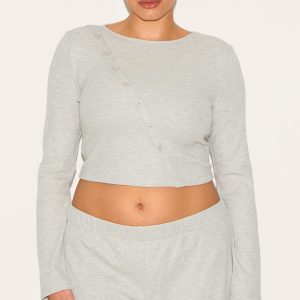 Plus Grey Marl Asymmetrical Waffle Button Crop Top