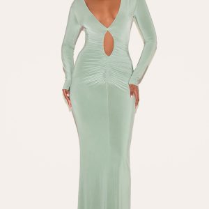 Sage Green Double Layer Plunge Ruched Maxi Dress
