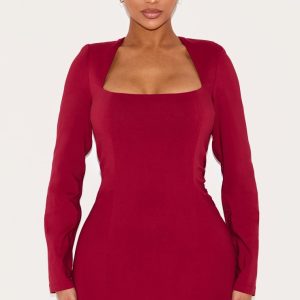 Shape Berry Stretch Woven Square Neck Long Sleeve Ruched Waist Mini Dress