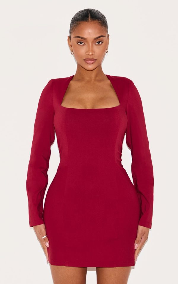 d43d89ccffc077a77b40fe506186598c04b66994_CNM0958_1_shape_berry_stretch_woven_square_neck_long_sleeve_ruched_waist_mini_dress-1