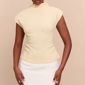 Butter Yellow Ruched Woven Shoulder Pad Top