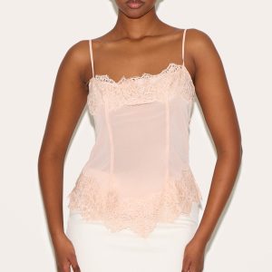 Dusky Pink Sheer Chiffon Strappy Lace Trim Cami Top