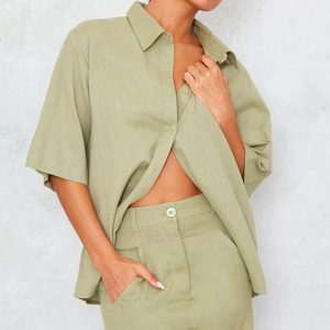 Khaki Linen Look Oversized Boxy Short Sleeve Shirt