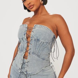 Shape Light Blue Wash Denim Lace Up Front Corset