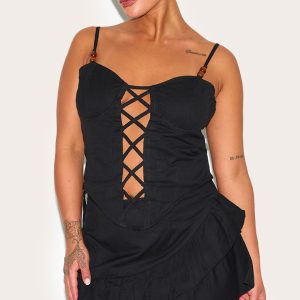Plus Black Bead Detail Lace Up Corset Top