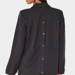 Charcoal Premium Woven Tailored Oversized Button Detail Blazer