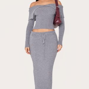 Petite Charcoal Knitted Maxi Skirt With Tie Details