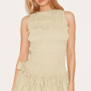 Sage Green Tailored Shirred Frill Shift Dress