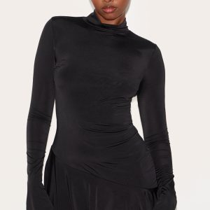 Black Slinky Long Sleeve Asymmetric Hem Shift Dress