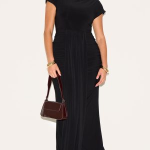 Plus Black High Neck Ruched Shoulder Drape Front Maxi Dress