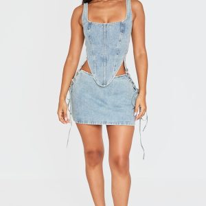Petite Vintage Wash Denim Lace Up Mini Skirt