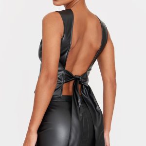 Black Faux Leather Seam Detail Open Back Long Top
