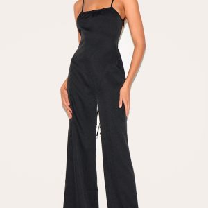 Black Woven Backless Square Neck Wide Leg Jumpsuit