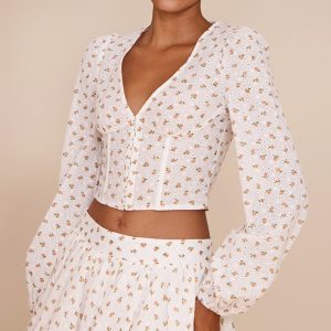 White Rose Ditsy Print Long Sleeve Corset Top