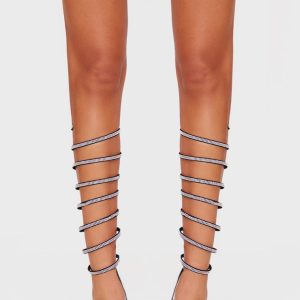 Black PU Square Toe Diamante Spiral Mid Stiletto Heeled Sandals