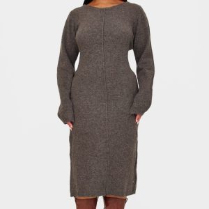 Plus Chocolate Knitted Seam Front Midaxi Dress