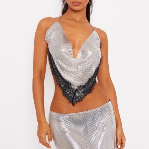 Petite Silver Lace Detail Chainmail Crop Top
