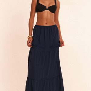 Navy Floaty Woven Tiered Maxi Beach Skirt