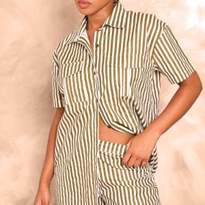 Olive Stripe Linen Look Pocket Front Short Sleeve Oversized Shirt