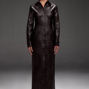 Black Washed Faux Leather Button Up Maxi Dress