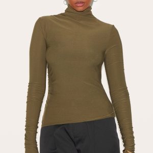 Khaki Soft Touch High Neck Ruched Sleeve Top