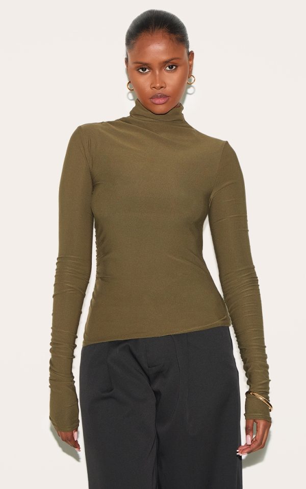 d6967d8933feff24f1f16c595c37b5882a459930_CNL8983_1_khaki_soft_touch_high_neck_ruched_sleeve_top-1