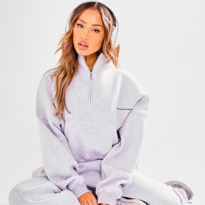 PRETTYLITTLETHING Petite Ash Grey Oversized Half Zip Sweatshirt