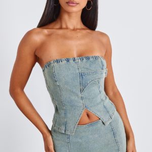 Petite Bleach Wash Denim Bandeau Longline Corset