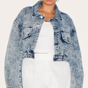 Plus Light Blue Acid Wash Pocket Detail Crop Denim Jacket