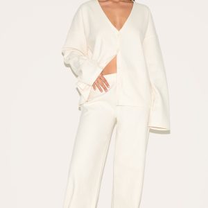 Cream Heavy Brushed Rib Slouchy Wide Leg Trouser