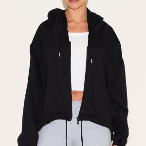 Black Oversized Zip Up Toggle Waist Hoodie