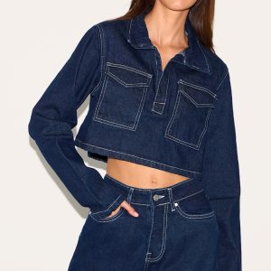 Indigo Contrast Stitch Seam Detail Cropped Denim Shirt