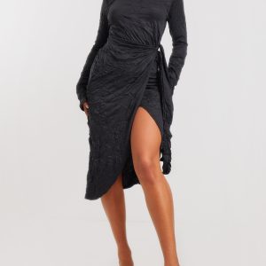 Black Crinkle High Neck Wrap Midi Dress