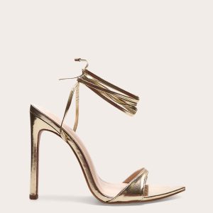 Gold PU Point Toe Lace Up High Heeled Sandals