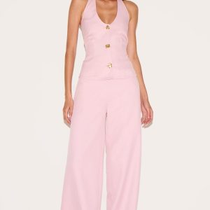 Pale Rose Textured Woven Wide Leg Trouser